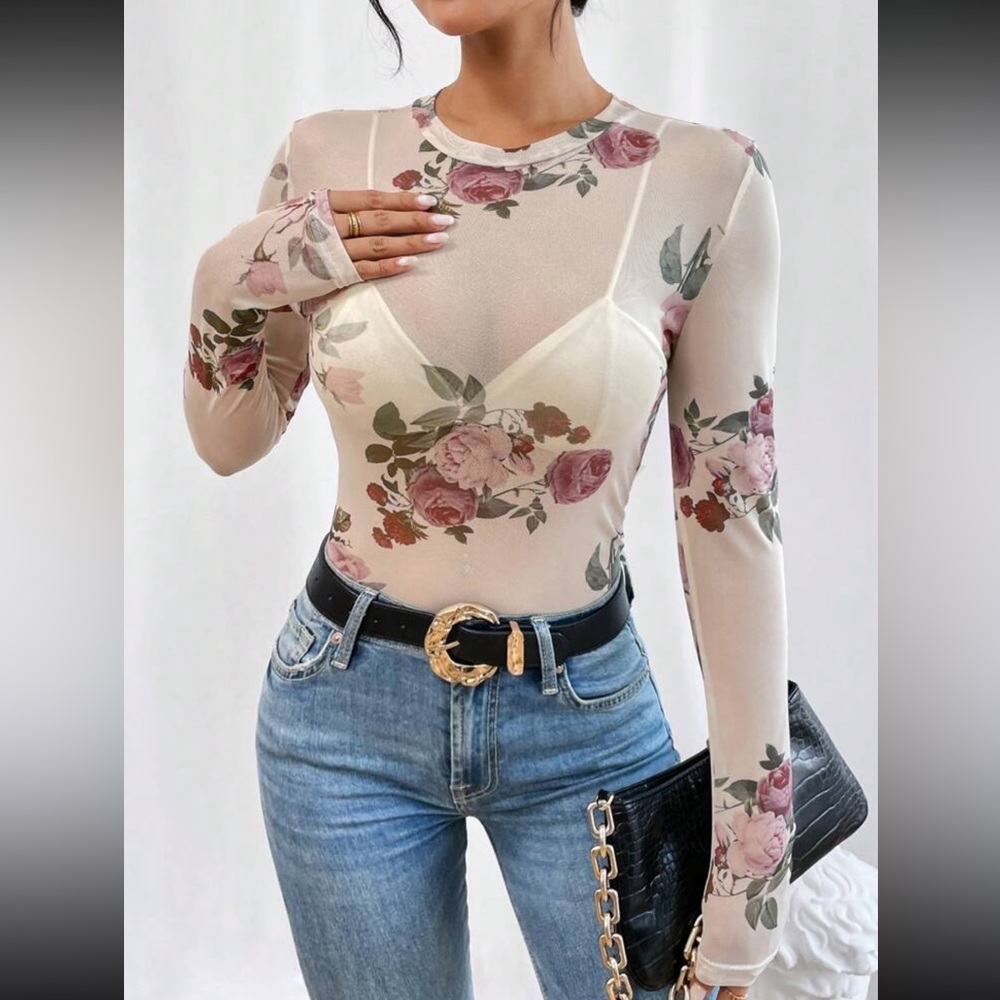 White Floral Mesh Sheet Shirt Long Sleeve, See-Through Top - Picture 4 of 6